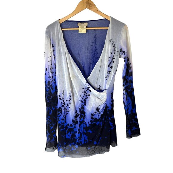 Fuzzi Blue Ombre Mesh Print Long Sleeve top Blouse Womens Size 20 - Picture 2 of 8